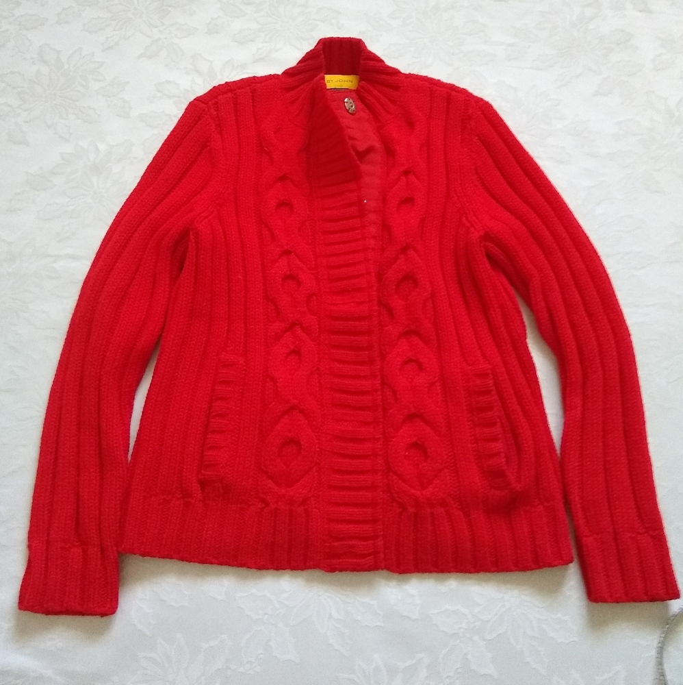 St John wool aran cable knit red cardigan - Picture 1 of 10